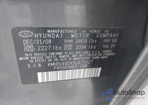 2009 Hyundai Elantra Gls из США, поврежденный, VIN KMHDU46DX9U671927